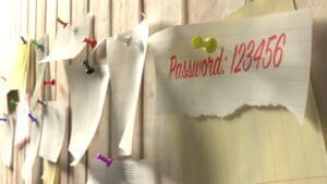 A bulletin board with a password on it.