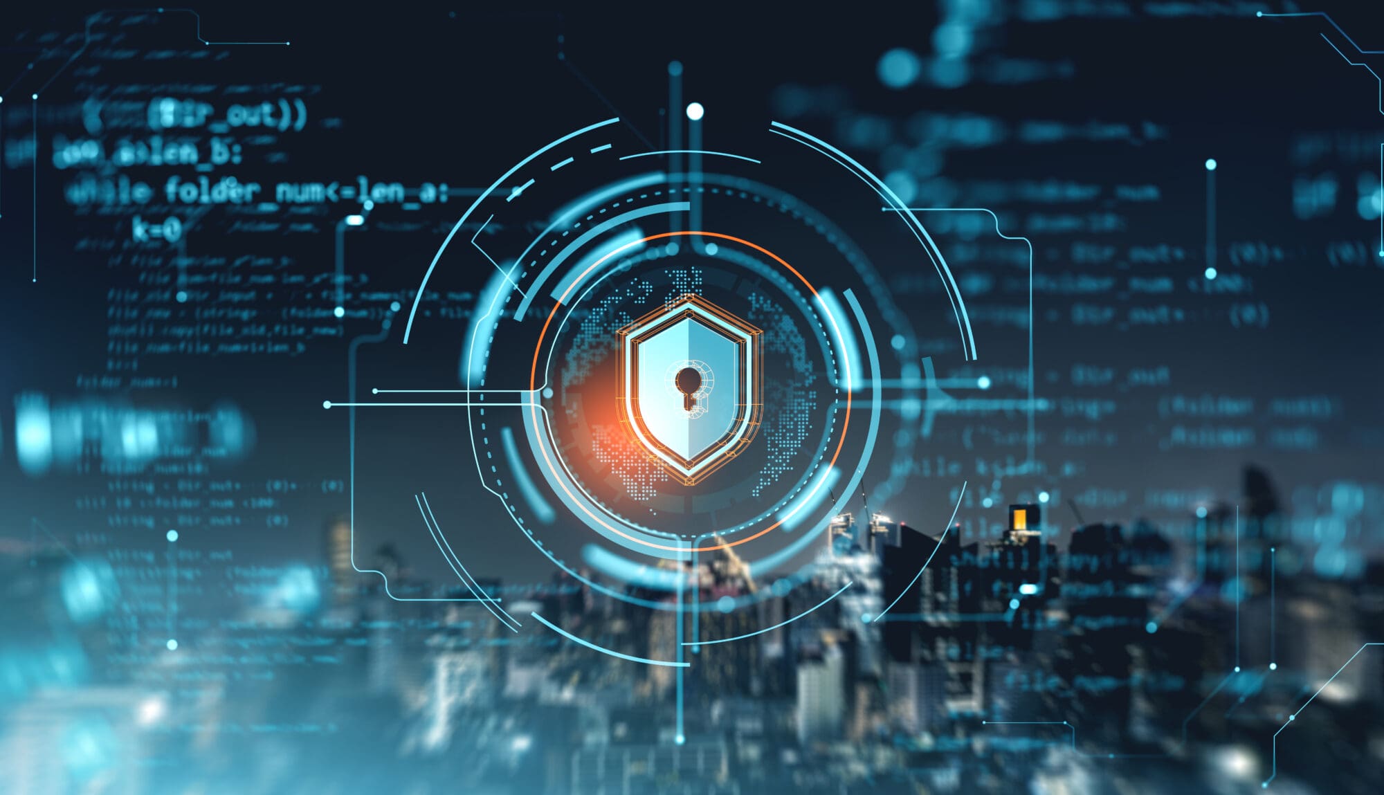 A cybersecurity lock icon over computer text.