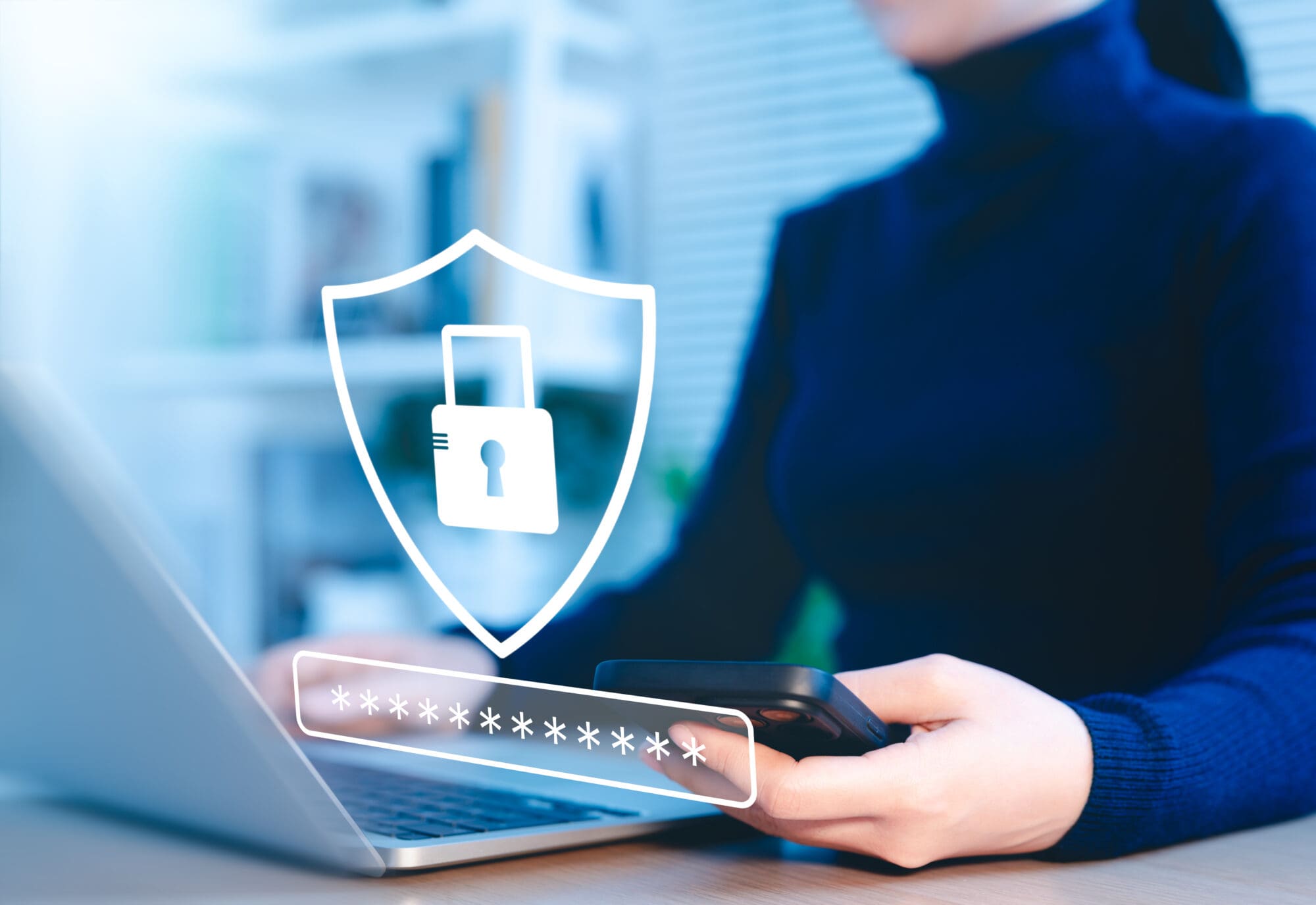 A woman wearing a blue turtleneck trying to log in to a laptop.