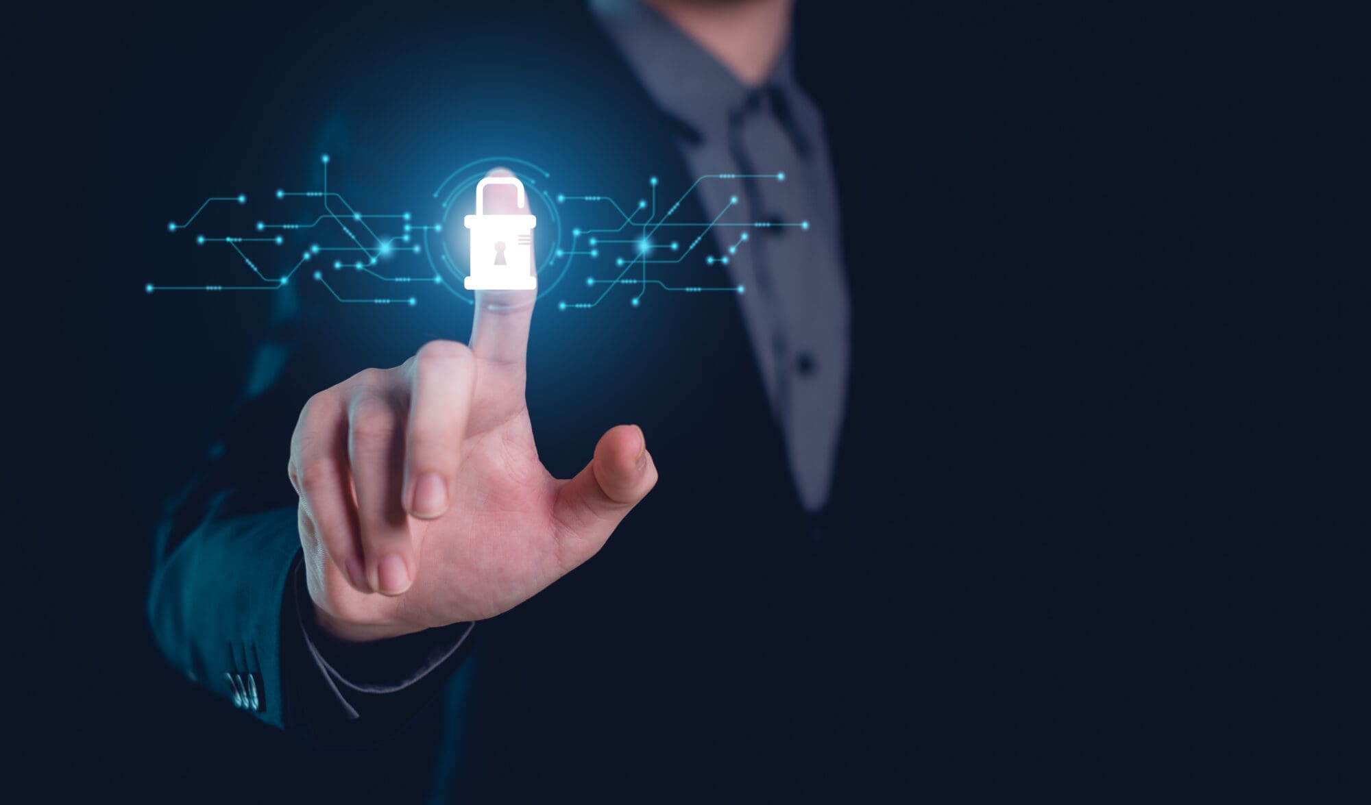 A person pressing on a white lock icon hovering in front of them.