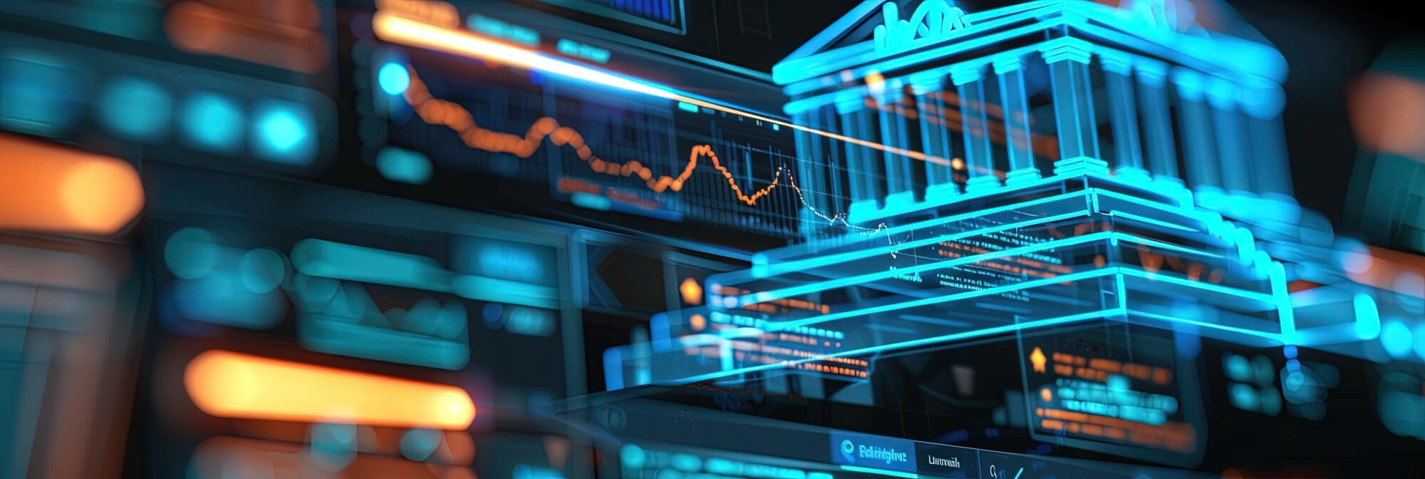 digital wireframe bank with financial charts for banking and credit union technology concept