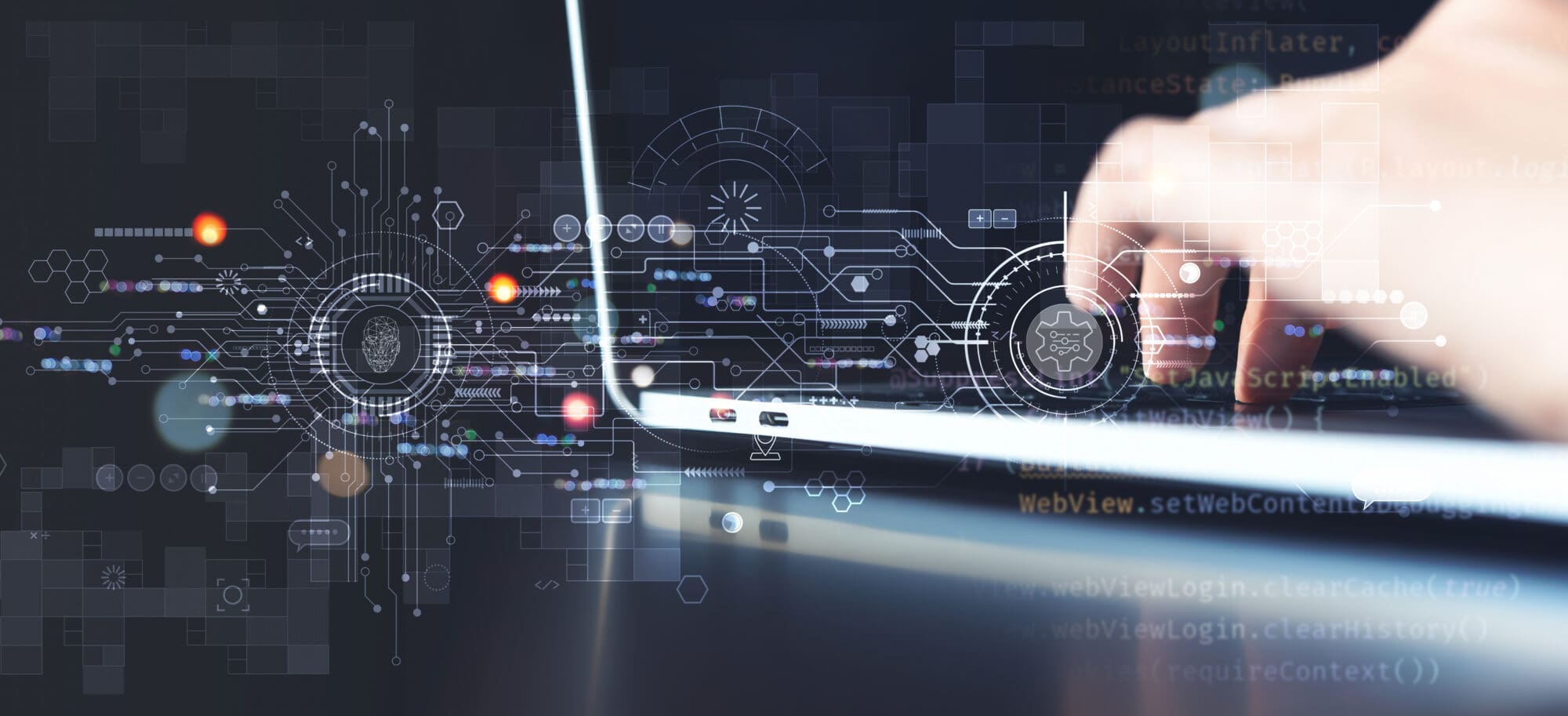 Hand typing on a laptop with a digital pattern in the background.