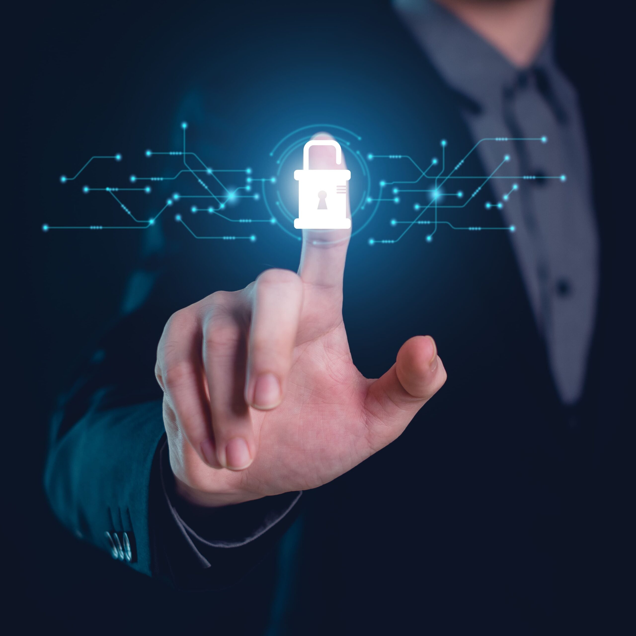 A person pressing on a white lock icon hovering in front of them.